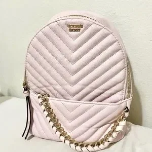 Baby pink leather Victoria Secret draw string backpack with gold chain detail Victoria main image 4